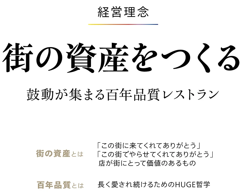 経営理念 街の資産を作る 鼓動が集まる百年品質レストラン 街の資産とは 「この街に来てくれてありがとう」「この街でやらせてくれてありがとう」店が街にとって価値のあるもの 百年品質とは 長く愛され続けるためのHUGE哲学